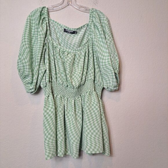 Fashion Union ASOS Plus Checkerboard Smocked Waist Blouse Puff Sleeve Size 20 - Picture 2 of 11